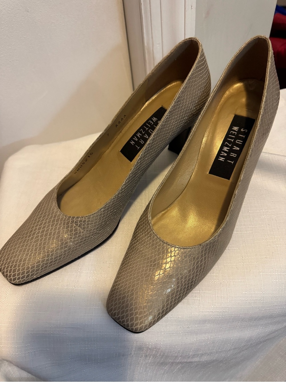 Stuart Weitzman Taupe Snake-Embossed Block Heel Pumps
